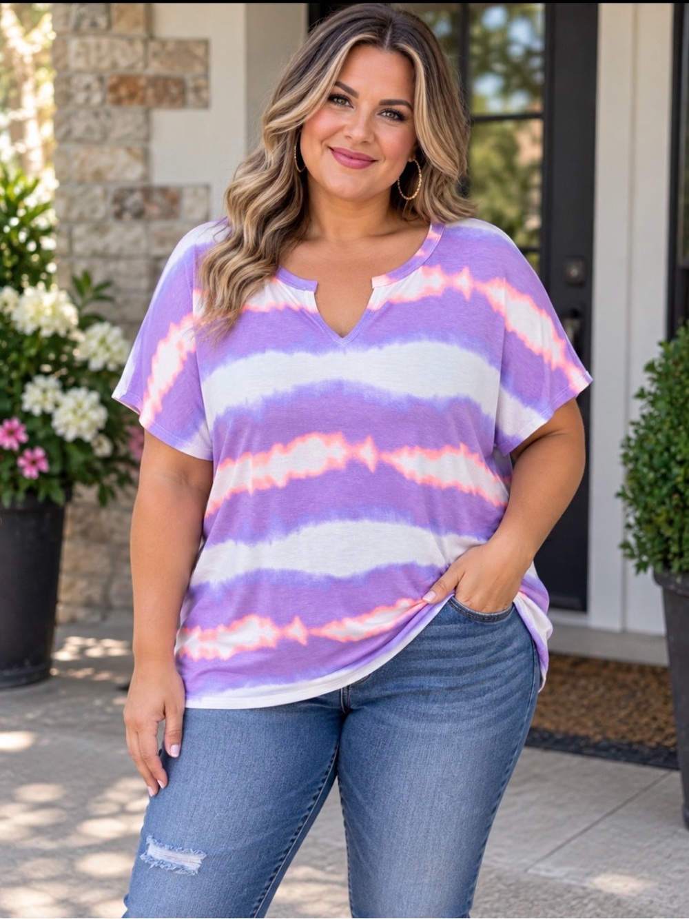 See In Love Purple Tie-Dye V-Neck Women's Boutique Top